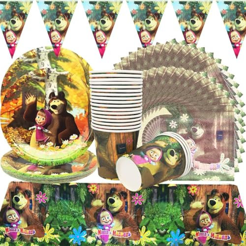Juego de vajilla para fiesta de cumpleaños infantil, 62 unidades, accesorios de fiesta para 20 personas, Masha y el oso, platos de papel, tazas, mantel, servilletas, pancartas para niños fiesta de