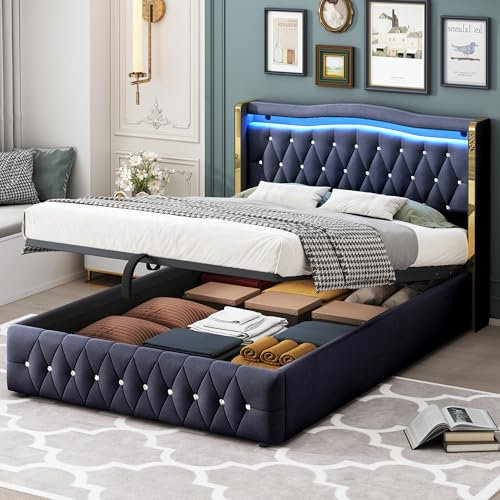 Ymkua Polsterbett Doppelbett 140x200 cm, Jugendbett Stauraumbett mit Stauraum und LED-Beleuchtung, Hydraulisch Bett Bettgestell mit Kopfteil, Funktionsbett mit Lattenrost, Samt, Schwarz, Ohne Matratze