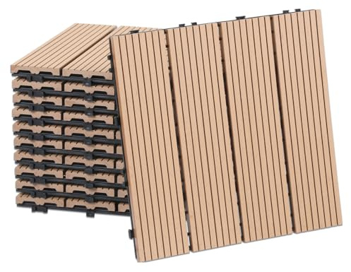Fiqops 33 Stück WPC Fliesen, 30x30 cm WPC Terrassenfliesen,Gartenfliesen mit Klick-System,Terrassendielen Balkonfliesen Klickfliesen,Terrassendielen Wasserfest für Terrasse,für 3m²,Teak