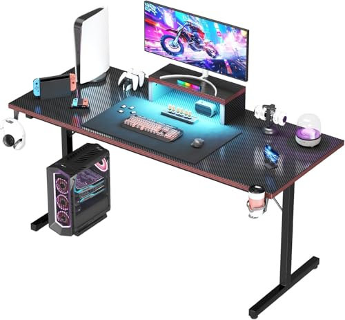 Devoko 180×60cm Bureau Gaming avec LED, Bureau avec Support de Moniteur, Conception T de revêtement en Fibre de Carbone d'ordinateur Ergonomique avec Porte-gobelet et Crochet pour Casque, Noir