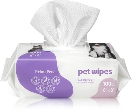 PrimePets Dog Wipes 100ct, Pet Grooming Wipes for Dogs and Cats, 20 x 20 cm, Lavender Scented, Wet Wipes for Cleaning Skin, Ears, Eyes, Butt and Teeth