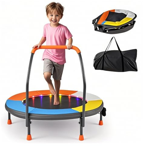 LIFEZEAL Faltbares Kindertrampolin mit Lichtern, Ø90 cm Minitrampolin mit Griff für Kinder 3-6 Jahre, Trampolin Indoor für Fitness, Mehrfarbig