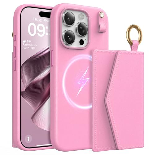 TAURI for iPhone 15 Pro Max Case, Removable Magnetic Wallet Case with Card Holder, [Compatible with MagSafe] Durable PU Leather Phone Case with Wireless Charging, Pink