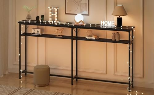 Console D'ENTREE- étroite et Longue - 2 Niveaux - Gris - avec Espace de Rangement - 180 cm - Derrière la Table Basse pour Le Salon - Console Extra Longue pour entrée, Couloir et Foyer (Noir)