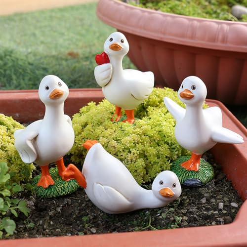 Yarteim 4er Set Gartendeko Ente Für Draußen Wetterfest, Frühlingsdeko Gartenfiguren Ente Deko Garten Ornamente, Niedliches Mini Ente Harz Gartenfigur Blumentopf Dekoration für Rasen Terrasse (01)