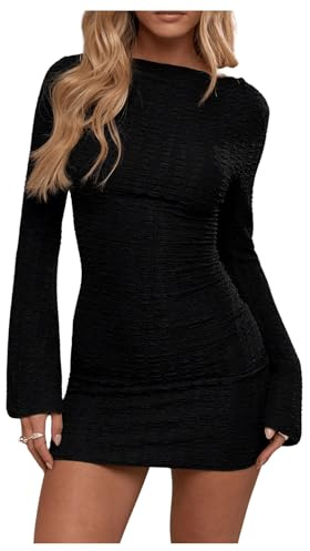 GORGLITTER Women's Long Sleeves Boat Neck Bodycon Mini Dresses Ruched Textured Elegant Going Out Dress Black Medium