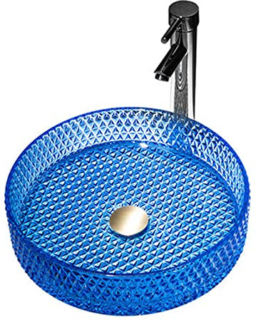 PLMNBQWE Lavabo de baño de Cristal Templado Azul, Lavabo sobre encimera con Grifo Cromado y desagüe emergente.