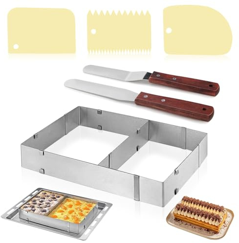 XMDROU Backrahmen Rechteckig Verstellbar, Eckiger Backrahmen Tortenrahmen Rechteckig Tortenring Eckig Kuchenform Verstellbar Edelstahl Backform Eckig mit Teiler,Spatel,Teigkarte (18x27.7 bis 35x53cm)