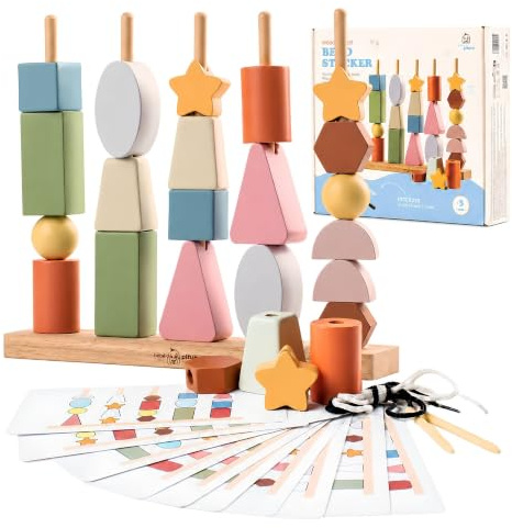 Montessori Spielzeug ab 3 Jahre aus Holz zum Stecken und Fädeln Bebe Pituso | Feinmotorik, Logik und Koordination, 5 Spielarten, große Teile, abgerundete Kanten, flexible Stäbe, sanfte Pastellfarben