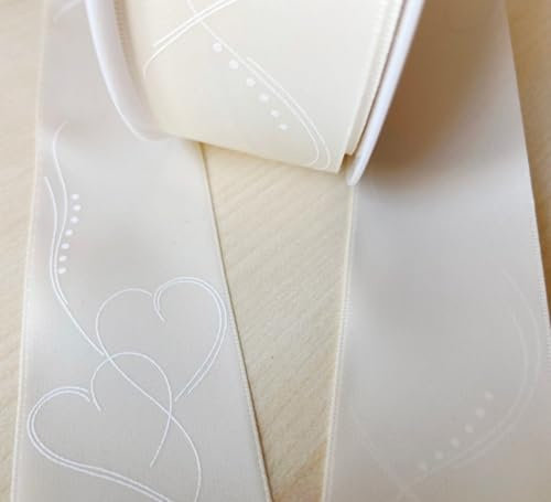 Satinband Herzband Hochzeitsband creme 02 mit weißem Herzdruck Dekoband 14701 (Creme/Herzen weiß, 25mm breit, 25m lang)