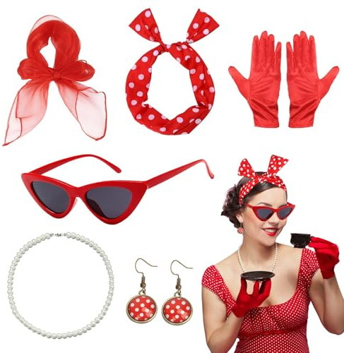 CHUANFU 8 Stück Rockabilly Accessoires Damen, 50er Jahre Damen Kleid Zubehör, 1950s Kostüm Set mit Schal Brille Handschuhe, Kleidung Vintage Zubehör für 1950s Mottoparty Retro Karneval Party