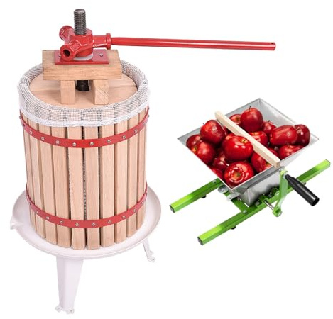 LILIIN 6L Obstpresse Fruchtpresse aus Buchenholz und 7L Obstmühle, Manuelle Weinpresse Saftpresse Maischepresse Obstmühle, inkl. Presstuch, Handhaben(6L Obstpresse+7L Obstmühle)