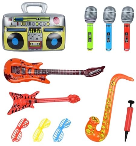 11 Pezzi Set di Strumenti Gonfiabili, 3 Paia di Occhiali da Sole + 3 Microfoni + 1 Chitarra + 1 Chitarra Elettrica + 1 Saxofono + 1 Radio + 1 Pompa ad Aria, Decorazioni Gonfiabili Natale per Feste di