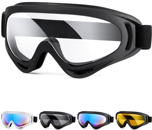 Gizmolet Ski Snowboard Brille, UV400 Schutz Goggle, Motocross Brille Helmkompatible, Anti-Fog Skibrille, Sportbrille für Skifahren Skaten Motorrad Fahrrad Radfahren, Transparent mit schwarzem Rahmen