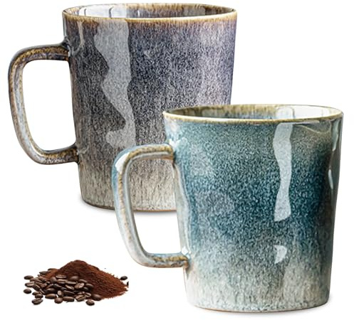 GOMETY 2 Pièces Tasse à Café en Céramique, 400ml Tasses à Espresso avec Poignée, Tasse à Cappuccino, Tasse à Thé Style Rétro Tasse à Thé Faite à la Main pour Cappuccino Latte Cacao Espresso Thé Lait