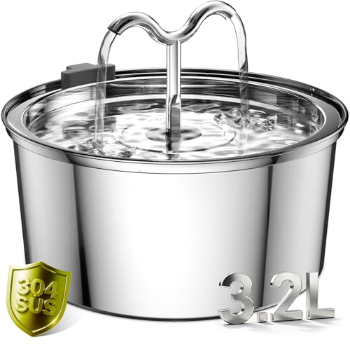 DOOOB Fontaine a Eau Chat 3.2L, Fontaine à Eau Chat INOX avec Pompe Ultra-Silencieuse, Distributeur Fontaine a Eau pour Chien, 1 Filtre & 1 Éponge Inclus