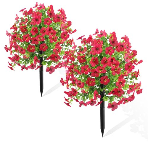 CYIOU 2 Piezas 55 CM Flores Artificiales Decoracion Exterior Magenta Flores Artificiales Realistas Cementerio con Estaca para El Suelo Plantas Exterior para Porche JardíN Bodas