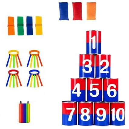 PETSOLA Throwing Sack Toss Set Cartoon Character Illustration Tin Can Knockdown Game Easy Setup Can Toss Game for Party, Red And Blue Double-Sided Rainbow Stripe Set
