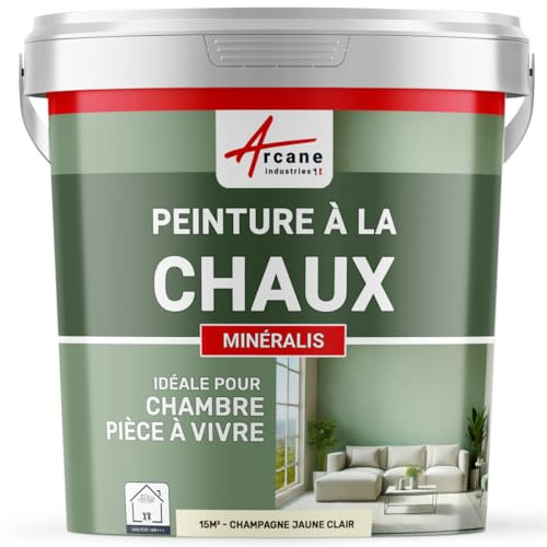 Peinture à la Chaux Intérieure Décorative 15 m² Champagne Jaune Clair | Aspect Mat, sans Solvant Ni Odeur, Perméable, Murs, Ciment, Pierre, Chaux, Application à la Brosse - Arcane Industries