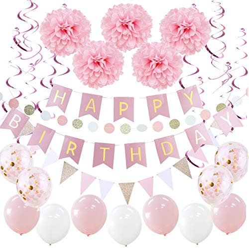 SUNBEAUTY Happy Birthday Girlande Set Geburtstag Dekoration Seidenpapier Pompoms Rosa Folie Spirale Deko (Rosa)