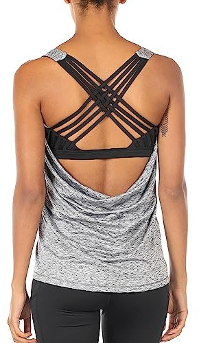 icyzone Damen Sport Tops mit Integriertem BH - 2 in 1 Yoga Gym Shirt Fitness Training Tanktop (S, Grey Melange)