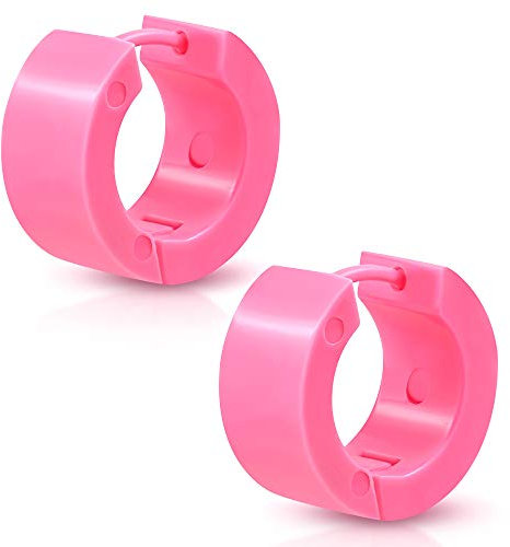 BlackAmazement 2er Set Paar Kunststoff Klapp Creolen unifarben einfarbig schwarz weiß pink blau 7mm breit Herren Damen (Rosa)
