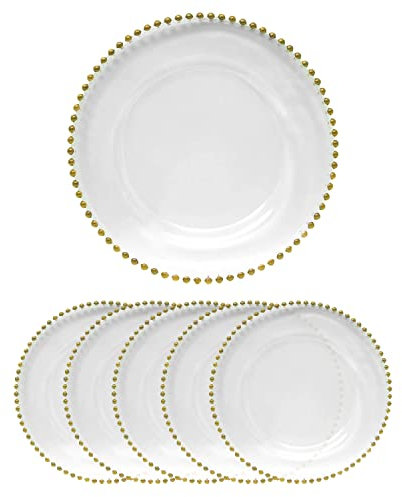 Trimming Shop Elegant Glass Charger Plates with Gold Bead Design, Perfect for Weddings, Parties, and Dining Event Décor - Decorative Glass Chargers with Golden Beaded Rim, Pack of 6