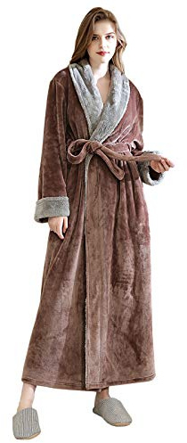 Womens Bathrobe Soft Fleece Dressing Gown Ladies Winter Warm Long Robes Housecoat Loungewear Fluffy Plush Nightwear, Y-coffee, M
