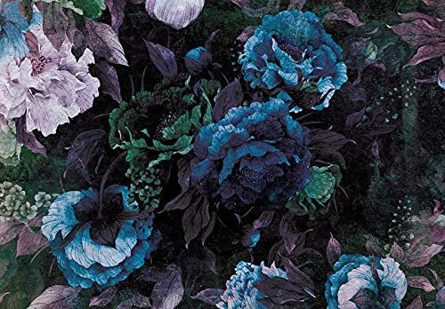 Forwall Fototapete Schlafzimmer Vintage Blumen blau Pfingstrosen Rosen Romantik Moderne Wohnzimmer Vlies Tapete Wandtapete UV-Beständig Hohe Auflösung Montagefertig (13533, V8 (368x254 cm) 4 Bahnen)