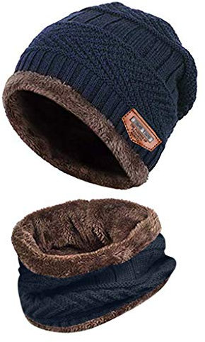 LOPILY Wintermütze Herren Damen mit Schal Thermo Strickmütze Gefüttert Beanie Mütze Herren Wollmütze Windstopper Warm Skimütze mit Schirm Bart Mütze Winter Accessories Fahrradhandschuhe (Marineblau)