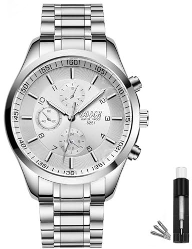 BOSCK Men's Analogue Watch (Not Chronograph), 40 mm Easy Read Auto Date and Day Stainless Steel Business Watch Men's Watch, 30 m Waterproof Sports Watches Men