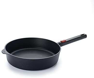 Woll Diamond Logic XR Hochrandpfanne - Induktiv -, Ø 28 cm, 7 cm hoch, mit abnehmbarem Stiel - Geeignet für alle Herdarten, Aluminiumguss, Antihaft-Versiegelung, backofenfest, schwarz