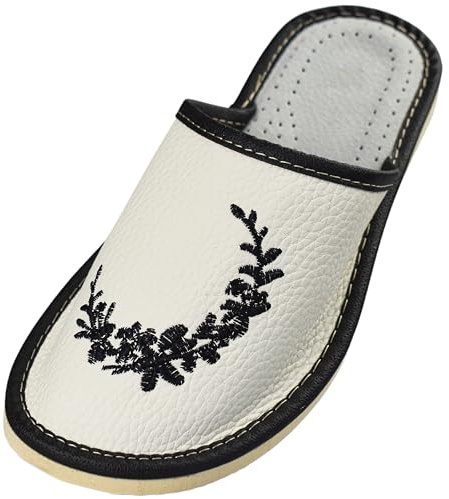 APREGGIO Chaussons Femme Cuir - Pratique Chaussons Cuir Adulte - Fabriqué à la Main Pantoufles Femme Confort – Blanc Noir 38