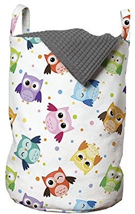 ABAKUHAUS Kindergarten Wäschesack, Eulen Gesichtsausdrücke, Wäschekorb mit Griffen Kordelzugverschluss für Waschsalons, 33 cm breit x 49 cm hoch, Mehrfarbig