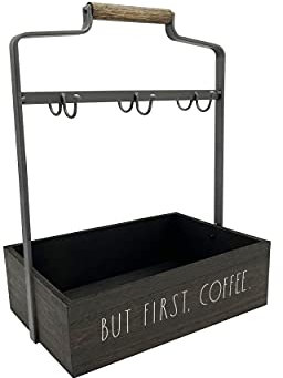Rae Dunn Coffee Mug Holder - 6 Hook Coffee Cup Rack with Rectangular Rustic Style Crockery Holder - Storage or Display - Mug Stand Organizer for Kitchen Counter or Cafe Countertop - But First Coffee