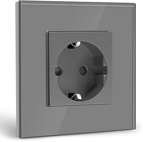 BSEED Enchufe de pared,Schuko Enchufe Simple con Panel de cristal Gris,16A 250V toma de corriente,enchufes de extensión para Cocina, Dormitorio, Oficina, Hotel, etc