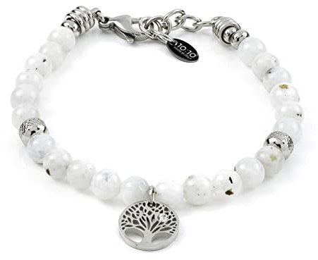 10:10 Bracciale in acciaio inox e pietre naturali da 6 mm, charms albero della vita e beads in acciaio, prodotto realizzato in Italia (Pietra di luna)