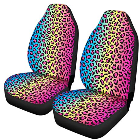 Showudesigns Regenbogen-Leoparden-Autositzbezüge für Damen, 2 Stück, bunte Geparden-Vordersitze, Schutzbezug, komplettes Set, universell passend für jeden LKW, Vans, SUV