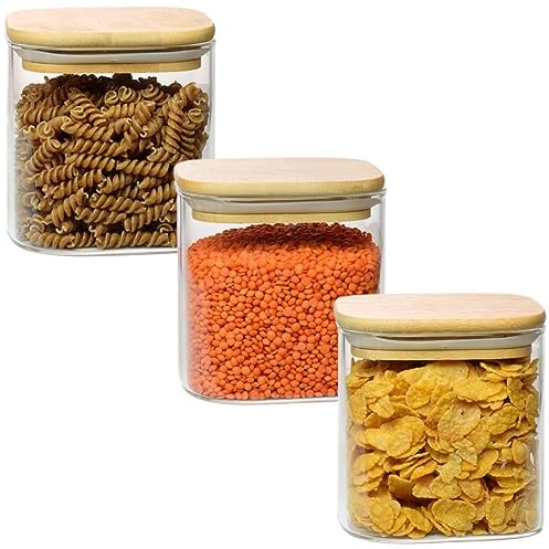 gouveo 3er Set Vorratsgläser 800 ml aus Borosilikatglas eckig mit Deckel - Aufbewahrungsgläser für Küche und Haushalt - Robuste Glasbehälter, Gewürzgläser, Vorratsdose (BGE800B)