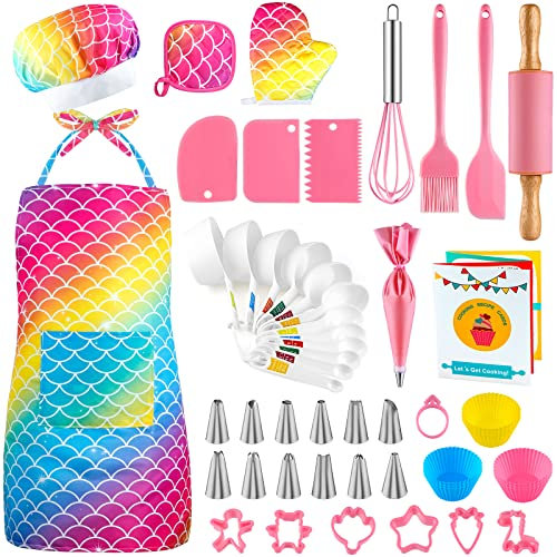 GIFTINBOX - Juego de cocina y horneado para niños, kit completo de 54 piezas con delantal y sombrero de chef, utensilios de cocina para niños reales y accesorios de cocina para chef junior, regalo