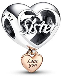 PANDORA „Love You Sister“ Herz-Charm aus Sterling-Silber und 14 Karat rosévergoldeter Metalllegierung - Kompatibel mit PANDORA Moments Armbänder