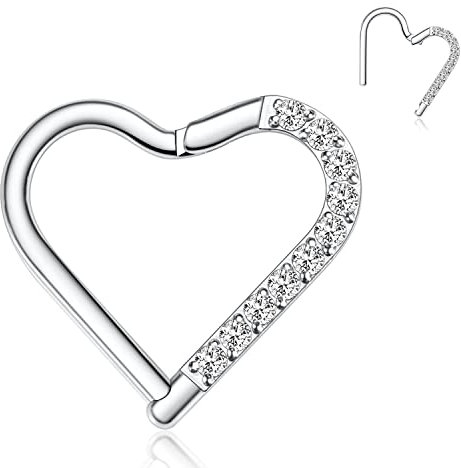 hengkaixuan Herz Septum Clicker Ring Daith Ohrringe Edelstahl Silber Daith Piercing Schmuck Rook Ohrringe CZ Hoop Hinged Segment Clicker Nasenringe Hoop Conch Helix Knorpel Tragus Creolen 8mm