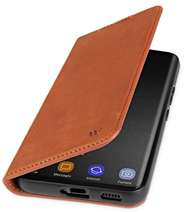 WIIUKA Hülle für Samsung Galaxy S22 Ultra, Premium Leder, mit Kartenfach, extra Dünn, Handyhülle mit Standfunktion, Tasche Vintage Braun