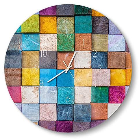 DEQORI Glasuhr | rund Ø 50 cm | Motiv Buntes Holzmosaik | große XXL Design Uhr aus Glas | leise Wanduhr für Wohnzimmer & Küche | moderne Hingucker Uhr für die Wand