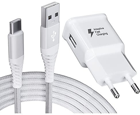 Ladegerät mit Ladekabel USB C Nylon Type C Kabel 2m Schnellladung Für Samsung Galaxy S21 S20 S8 S8+ S9 S9+ S10 S10 Plus A12 A10e A20 A50 A51 A71 Note 9/8, Ersatz-Original Schnellladegerät, Weiß