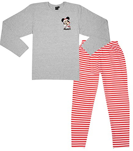 United Labels Mickey Mouse Pyjamas for Men - X-Mas Mickey - Pyjama Set Long Sleeve Top with Trousers Grey/Red, grey/red, XL