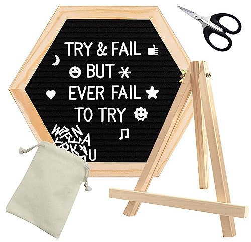Letter Board Holz, Filz-Buchstabenbrett, Retro Filz Letter Board, Sechseckiges Brett mit 15cm Seitenlänge, mit 340 Buchstaben, Zahlen und Emojis, Inklusive Ständer, Tasche (Schwarz)