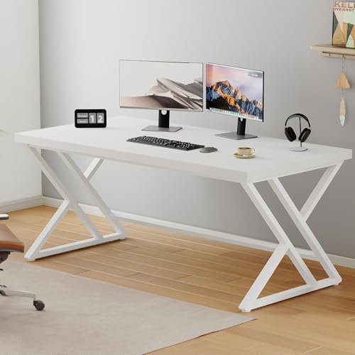 LVB Computer Table Long Industrial Home Office Desk for Student Large Metal Writing Study Work Desk Farmhouse Executive Gaming Computer Table for Bedroom Living Room White