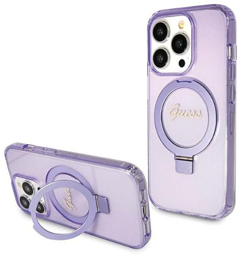 CG MOBILE Guess GUHMP14XHRSGSU Hülle für iPhone 14 Pro Max 6.7 lila hardcase Ring Stand Script Glitter