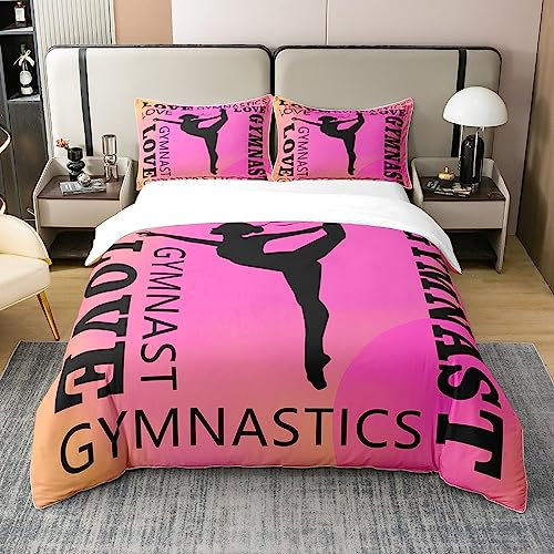 Love Gymnastics Housse de couette 100 % coton pour filles, garçons, enfants, exercices au sol, ballet, décoration athlétique, parure de lit 100 % coton, rose fluo, housse de couette pour lit simple